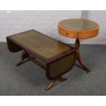 A mahogany drop leaf occasional table along with a leather inset top drum table.