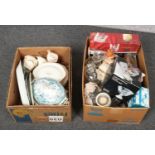 Two boxes of miscellaneous, 1940's pottery plates, tureen's, jugs etc, glassware bowls, glasses etc