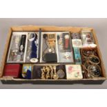 A box of collectables to include costume jewellery, hip flask, miniature photo frame etc.