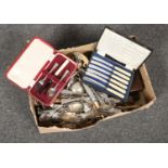 A box of Silver plate cutlery to include cased Sheffield cutlery F. Cobb & Co example