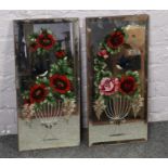 A pair of bevel edged gypsy mirrors decoration with birds and flowers.