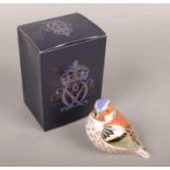 A box Royal Crown Derby paperweight formed as a bird with gold stopper.