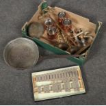 A box of metalwares including antique examples, xylophone, copper skillet and an Art Nouveau