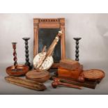 A collection of wooden wares, to include mirror, African musical instrument, boxes etc.