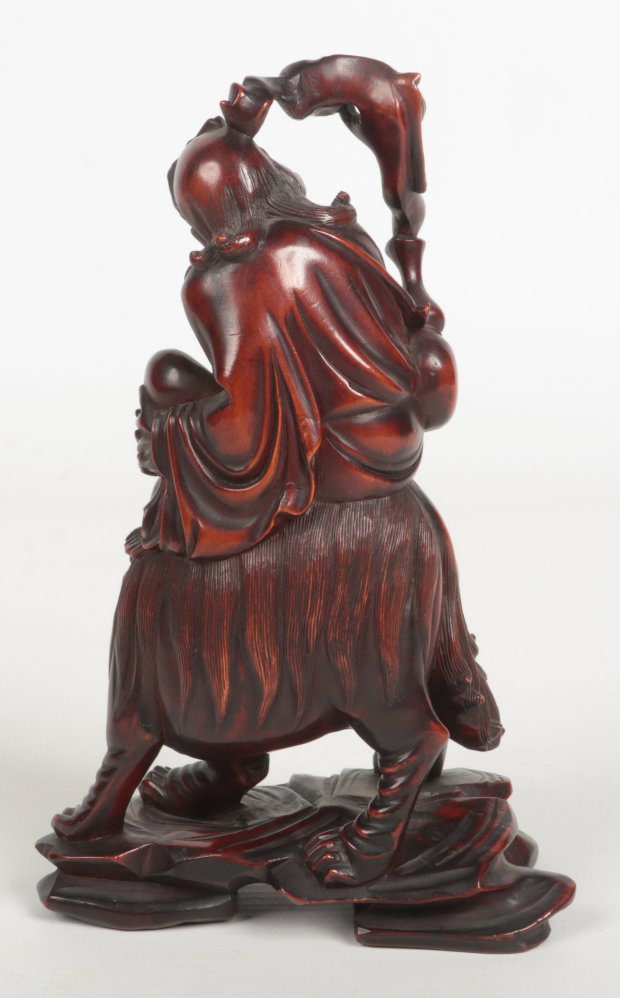 A 19th century Chinese carved wood figure of a man mounted upon a lion dog. With glass inset eyes - Image 2 of 7