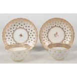 A pair of Caughley fluted teabowls and saucers. Decorated in gilt with the Polka Dot pattern c.1790,