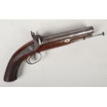 An early 19th century double barrel percussion cap pistol by Richards. With knurled walnut