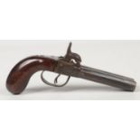 An early 19th century twin barrel side by side percussion cap pistol. With plain walnut stock and