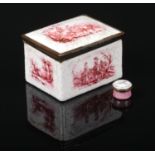 A 19th century enamel table snuff box enamelled in puce camaieu to depict pastoral scenes. Along