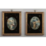 A pair of late 18th century gilt framed hand coloured engravings in verre eglomise mounts.