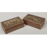 A pair of 19th century Persian boxes. Decorated with micro mosaic bands and each painted to the