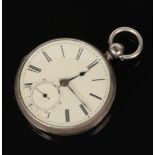 A Victorian silver fusee pocket watch. With enamel dial and subsidiary seconds. Movement numbered
