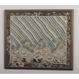 A 19th century framed Cantonese embroidered silk panel. Decorated with stripes, wave scrolls and