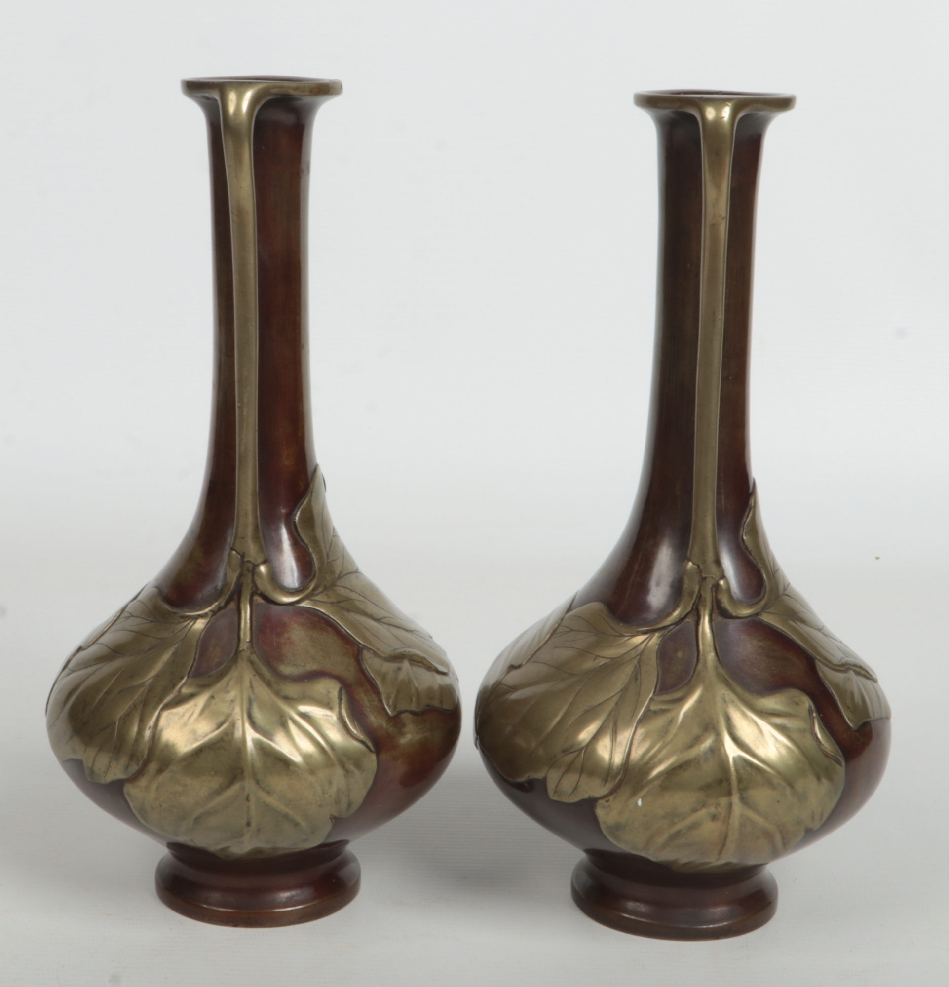 A pair of Japanese Meiji period bronze overlay twin handled vases of tall slender form. Decorated in - Image 5 of 9