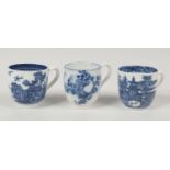 Three Caughley coffee cups printed in underglaze blue. Decorated with the Temple, Willow Nanking and