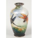 A miniature Japanese Meiji period cloisonné vase. Decorated with a pair of dragonflies over a silver