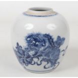 An 18th century Chinese blue and white ginger jar. Painted in underglaze blue with a pair of lion