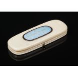 A Georgian ivory toothpick case with gold mounts. With moonstone effect panel to the cover inscribed