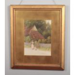 Charles Edward Wilson (1854-1941) gilt framed watercolour. Cottage landscape with a young girl and