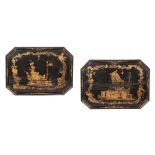Two mid 18th century Chinoiserie lacquered serving trays of canted rectangular form. Both depict