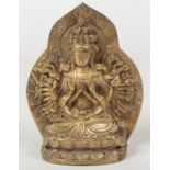 A Sino Tibetan gilt metal small devotional statue of a Buddha, 15.5cm. Good condition. Base plate