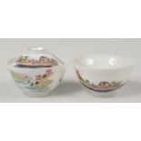 A pair of Chinese eggshell porcelain ogee shaped bowls, one with a cover. Painted in coloured