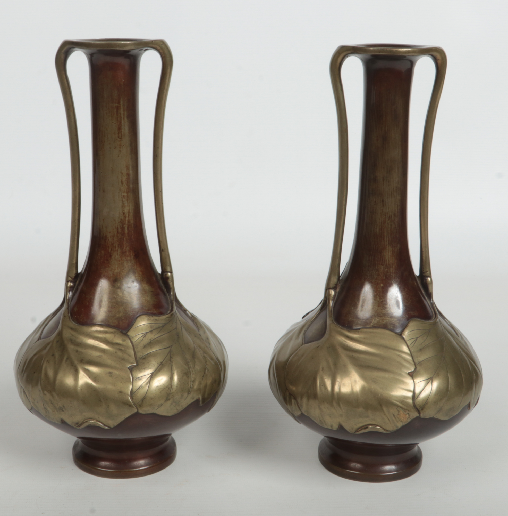 A pair of Japanese Meiji period bronze overlay twin handled vases of tall slender form. Decorated in - Image 9 of 9