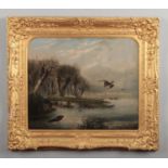 A 19th century Dutch school gilt framed oil on canvas. River landscape duck hunting scene, 49cm x