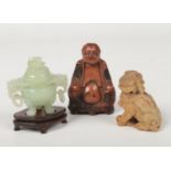 A Chinese pale celadon jade miniature censor, cover and hardwood plinth, along with a soapstone lion