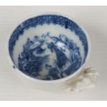 A Caughley caddy spoon with moulded leaf handle. Printed in underglaze blue with the Fisherman and