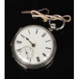 A Victorian silver fusee pocket watch and key. With enamel dial and subsidiary seconds. Assayed