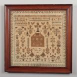 A Victorian framed sampler. Elizabth Warner, Aged 12 years, 1843. With a large house, trees and