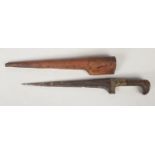 A 19th century Indo-Persian dagger in leather mounted scabbard and with piquet inlaid horn grip,