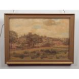 A late 19th /early 20th century gilt framed oil on canvas. Extensive landscape with a castle turret,