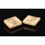A pair of Japanese Meiji period carved ivory square formed buttons. Decorated in light relief with