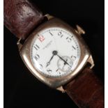 A George V 9 carat gold cased gentleman's Waltham manual wrist watch. With enamel dial having Arabic