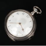 A George IV silver pair cased fusee pocket watch by William Paine. With enamel dial and having