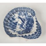 A Caughley shell moulded pickle dish. Printed in underglaze blue with the Fisherman and Cormorant