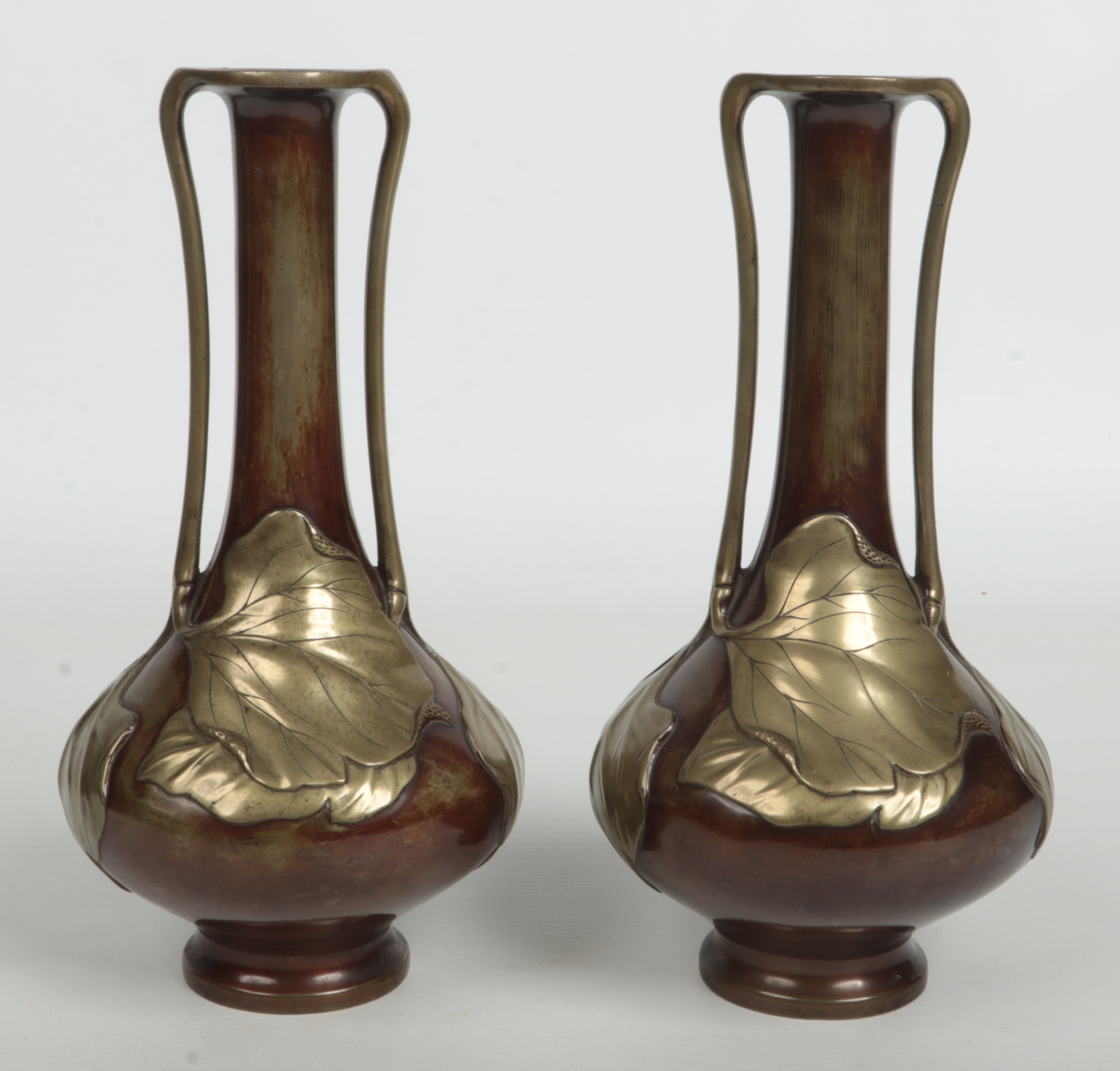 A pair of Japanese Meiji period bronze overlay twin handled vases of tall slender form. Decorated in - Image 6 of 9