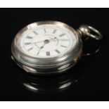 A Swiss silver cased centre seconds chronograph pocket watch with enamel dial and key, 55mm wide.