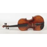 A cased German violin and two bows. Label reads, Nicolaus Amatus, 36cm.