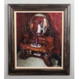 Richard Combes (British b. 1963) framed oil on board. Portrait of a woman reflected in the mirror of