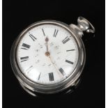 A George IV silver pair cased fusee pocket watch. With enamel dial bearing Roman and Arabic