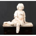 A 19th century carved alabaster figure of a seated young girl, 46cm wide, 43cm high. Left foot