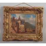A 19th century French school small gilt framed oil on board. Study of a chateau, 18cm x 23cm. Good