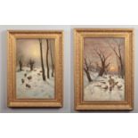 English school, pair of 19th century gilt framed oil on canvas. Evening winter snow scenes with
