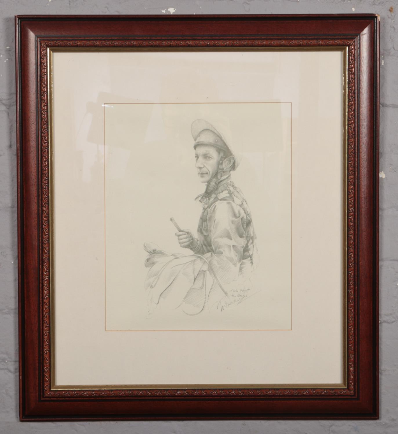 After John Worsdale (British) framed print from an original pencil drawn portrait of Lester Piggott.