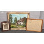 F.J. Evans, Oil on canvas, framed cottage scene to include Robert Morden (British 1650-1703) Map