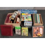 Three boxes of books, easy listening records, childrens annuals etc.