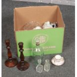 A box of miscellaneous, four cut glass scent bottles, Cake stand, Wooden candlesticks, two brass
